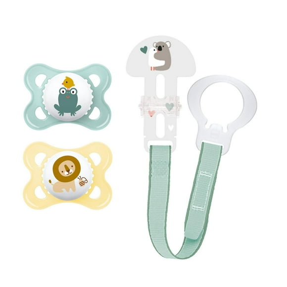 MAM Pacifier and MAM Pacifier Clip Value Pack (2 Pacifiers & 1 Clip), Pacifiers 0-6 Months, Unisex Baby Pacifier Animals Design, Baby Pacifier Clips