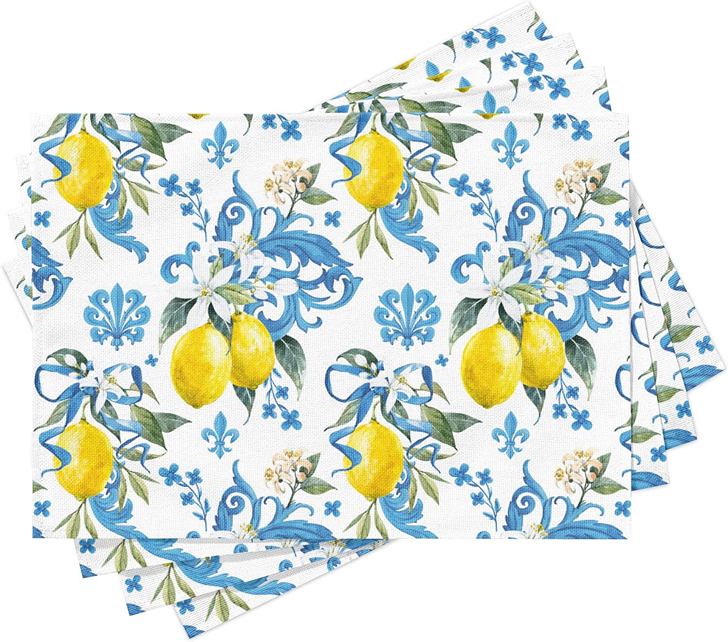 Lemon Placemats Set of 4 Summer Floral Place Mats Washable Linen Blue