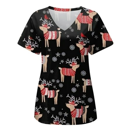 

Scrub Tops for Women Christmas Short Sleeve Shirts Relaxed-Fit V-Neck Classic Graphic Tees Printed Shirt Blouses Workwear