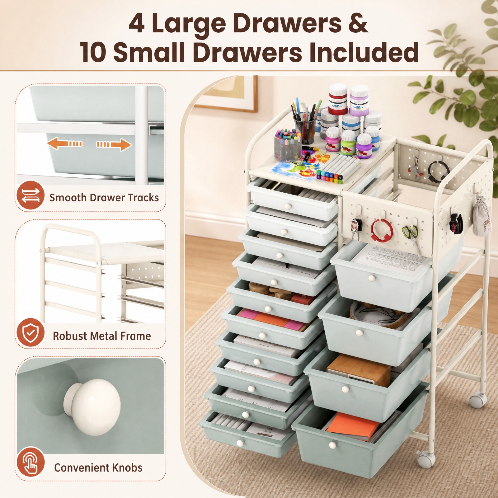 Furnibear 14 Drawer Rolling Storage Cart with Metal Tabletop Pegboard and Locking Wheels for Kitchen Office and Classroom Organizing, Gradient Green