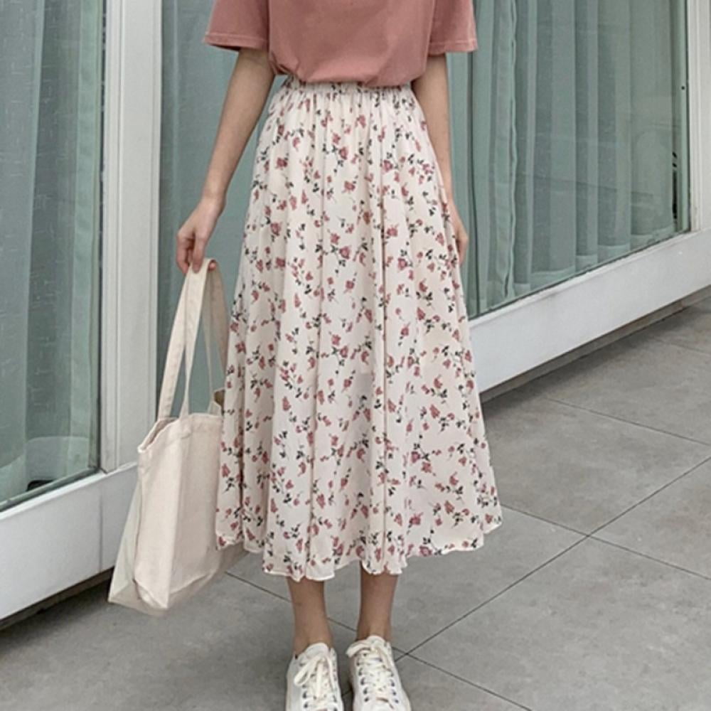 Women Plus Size Vintage Dress Flare Hem High Waist Uniform Pleated Midi Skirt 