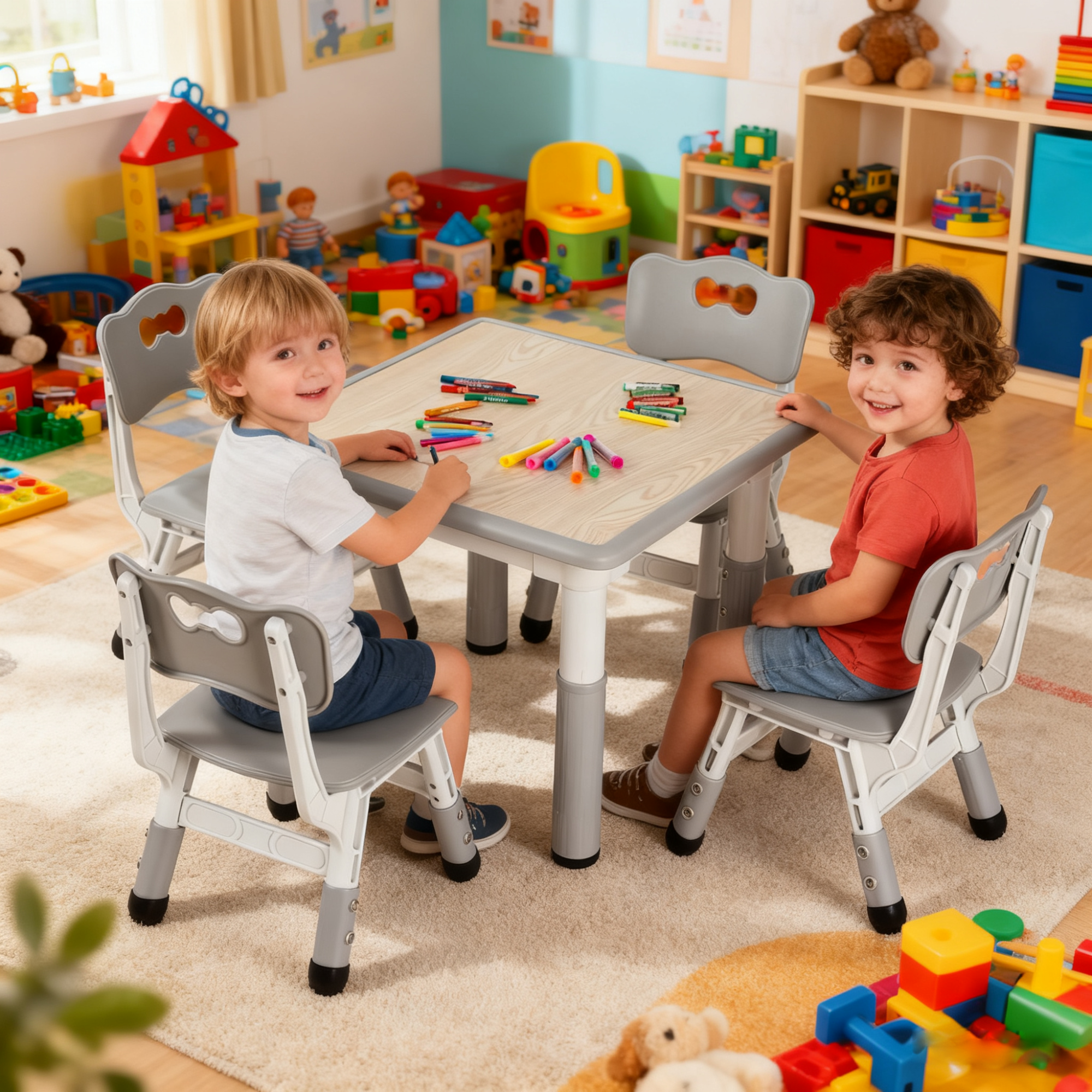 TLSUNNY Kids Table & 4 Chairs Set, Height Adjustable Children Activity Table Set for Ages 2-10, Gray
