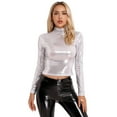 thumbnail image 3 of Raenseen Women's Metallic Long Sleeve Dance Tops Turtleneck Metallic Blouses Glitter Tank Tops Dance Silver S, 3 of 9