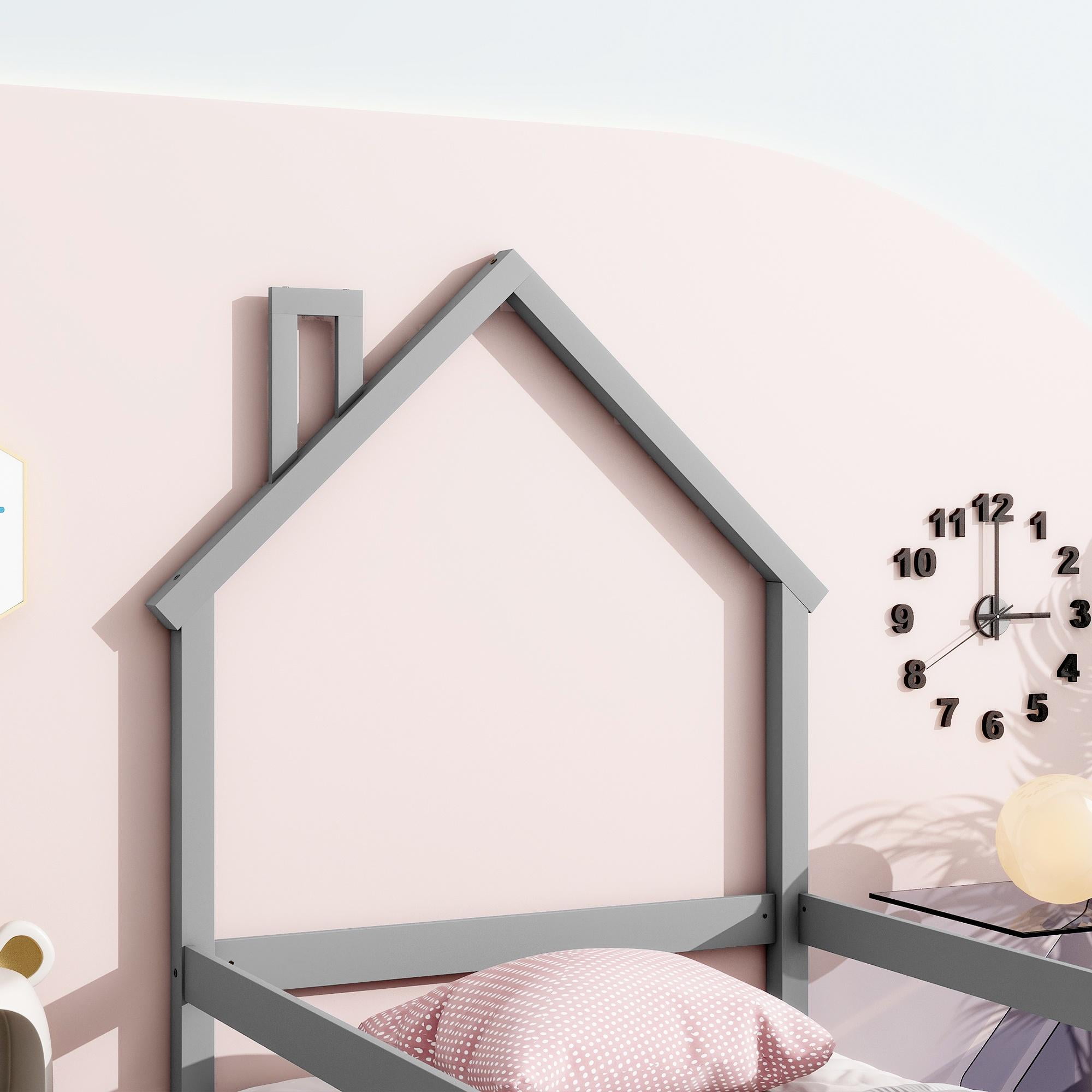 PORKISS Twin Size Floor Bed, Montessori Bed for Kids with Fence, House-shaped Headboard, Grey