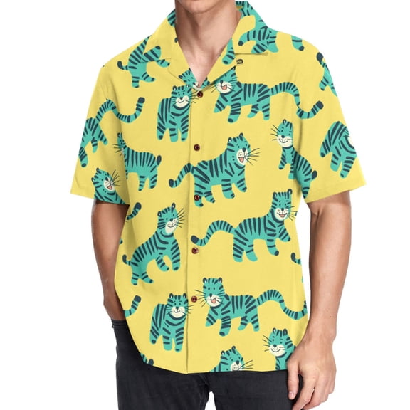 joogoo Men's Hawaiian Shirt Cute Cartoon Tiger Short Sleeve Casual Button Down Shirts M