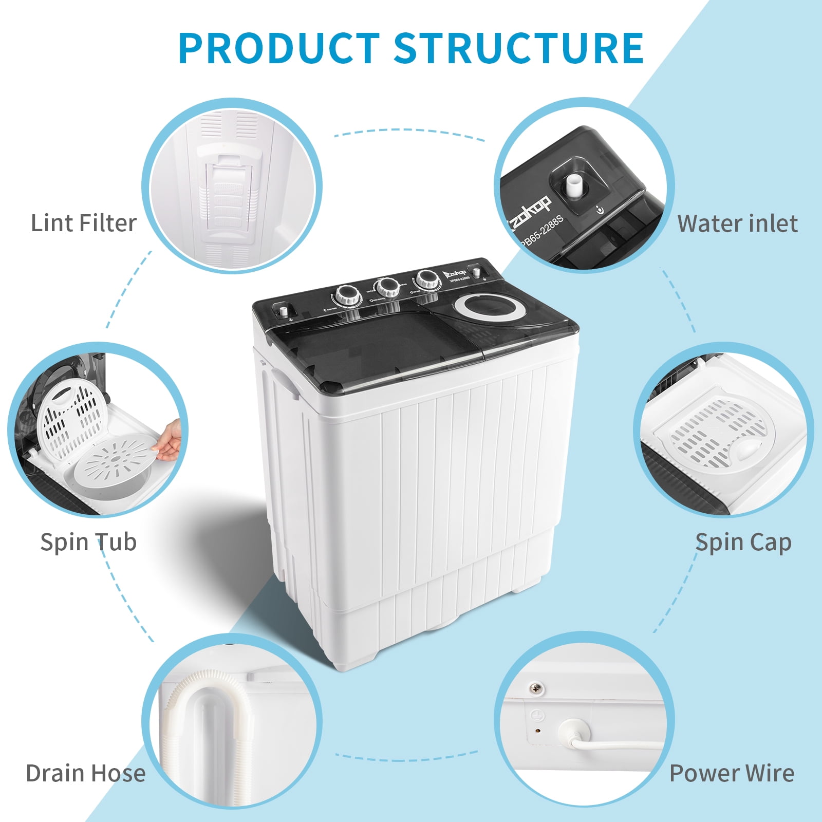 UBesGoo Compact Twin Tub Portable Mini Washing Machine 26lbs Capacity,  White and Grey 