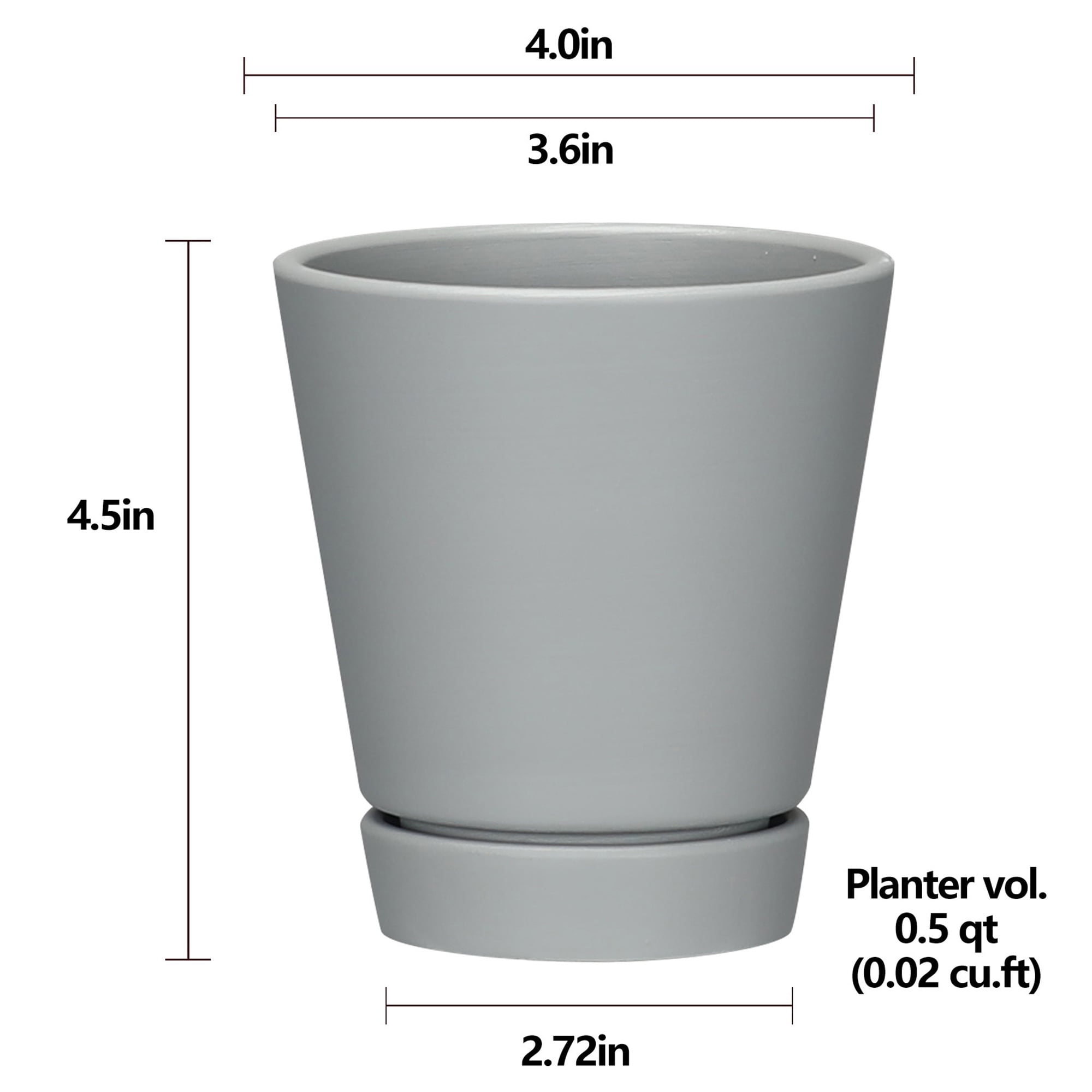 (1 pack) Mainstays Recycled Resin Planter Attached Saucer, Gray, 4in x 4in x 4.5in