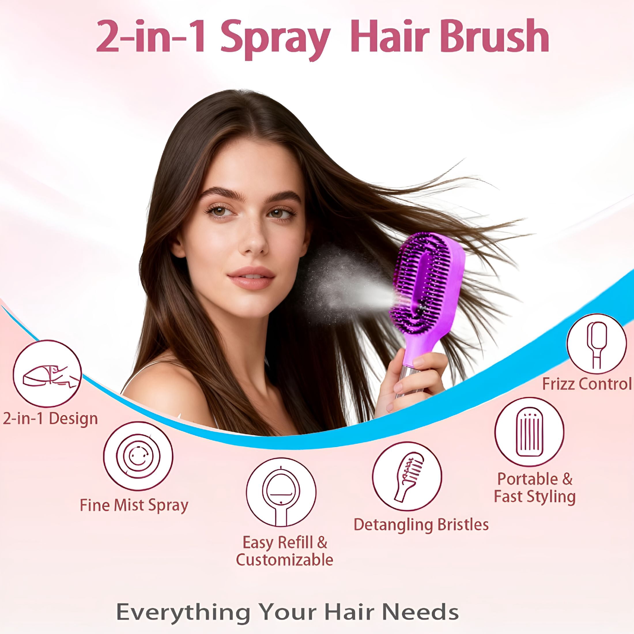 ACDANC Hair Brush with Water Spray Mister-2-In-1 Detangling Brush with Built-In Fine Mist,Portable Wet&Dry Styling Tool for Smooth,Frizz-Free Hair-Quick Refresh for Women&Girls On-The-Go