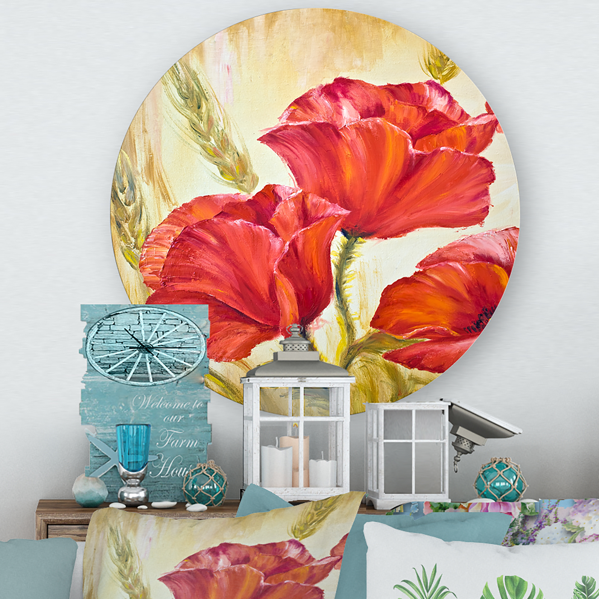 Designart 'Blossoming Red Poppies In Wheat Fields II' Traditional Circle Metal Wall Art 11x11 - Disc of 11