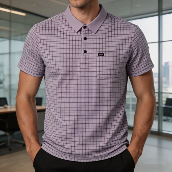 COSFO Short Sleeve Mens Big And Tall Polo Shirts Plaid Casual Business Shirt Work Pullover with Pocket Collared Loose Fit Tops
