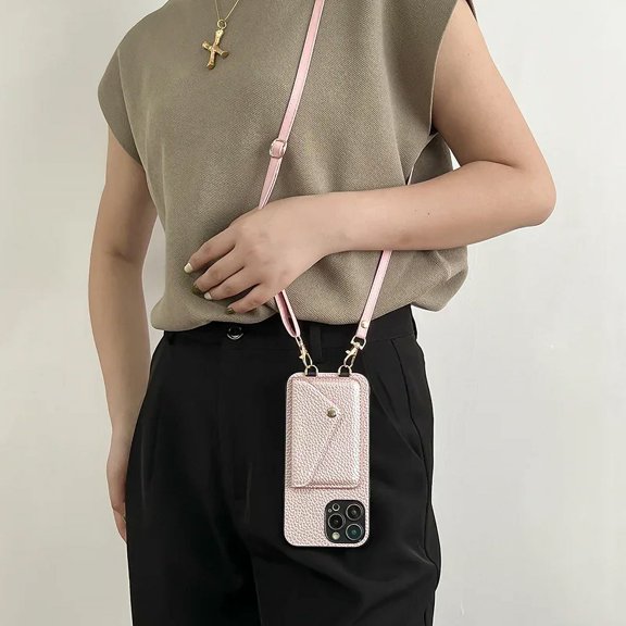 ZHaobin Crossbody Strap Lanyard Leather Phone Case for IPhone 12 Mini 16 15 14 13 11 Pro Max XS XR 8 Plus Wallet with Card Holder Cover (Pink,For IPhone XS Max)