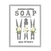 Stupell Industries Floral Clothespin Silhouette Vintage Script Soap Signage Graphic Art Gray Framed Art Print Wall Art, Design by Lettered and Lined