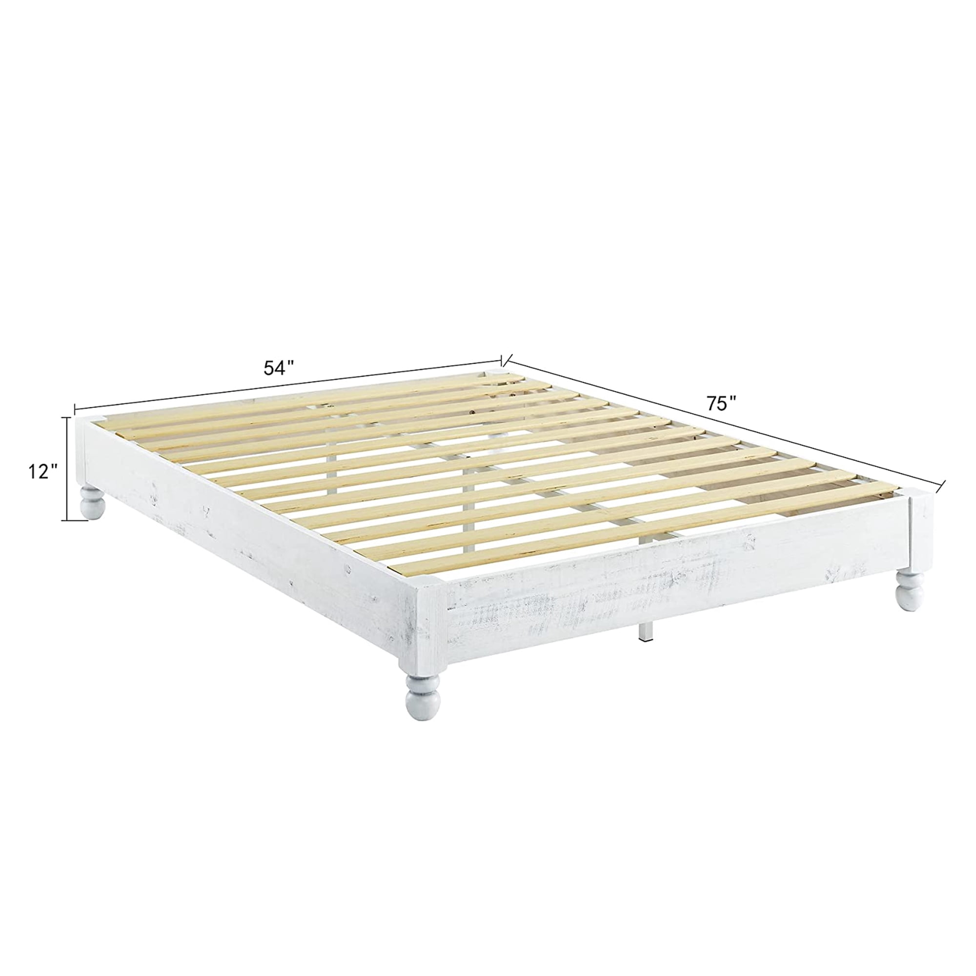 MUSEHOMEINC 12 Inch Solid Wood Frame Platform Bed with Large Apron, Rustic Style, White Washed Finish, Full