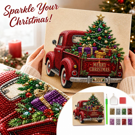 Christmas Red Truck Diamond Art Kit, 11.8x11.8 Inch Full Drill Holiday Painting, Vintage Santa Pickup with Tree and Gifts, DIY Wall Decor