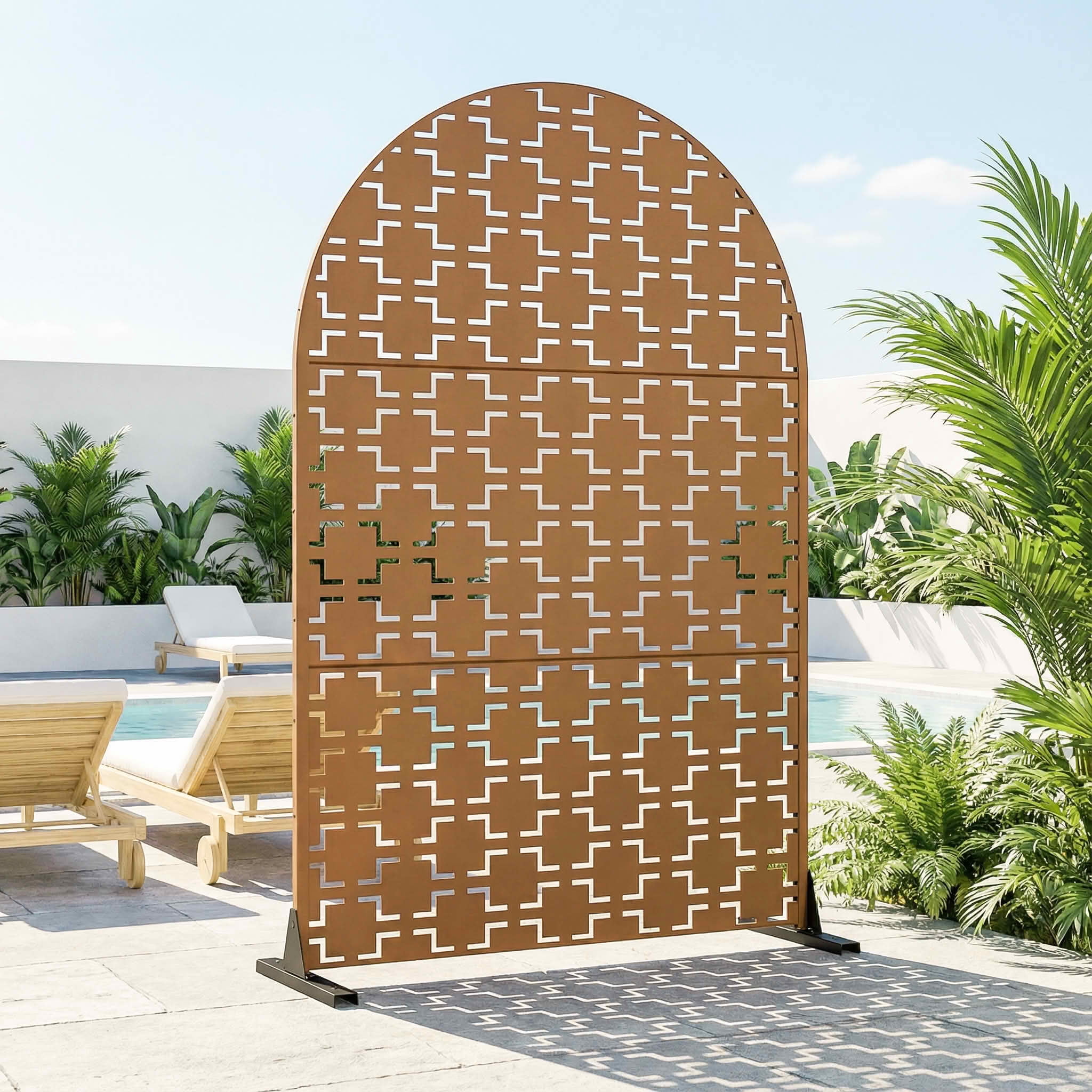 MAYEERTY 72x47x16 Inch Brown Arched Galvanized Steel Privacy Screen, 3 Piece Set for Outdoor Garden