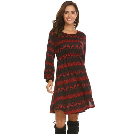 - Women Round Neck Long Sleeve Pattern Printed Slim Waist Pleated Dress HFON