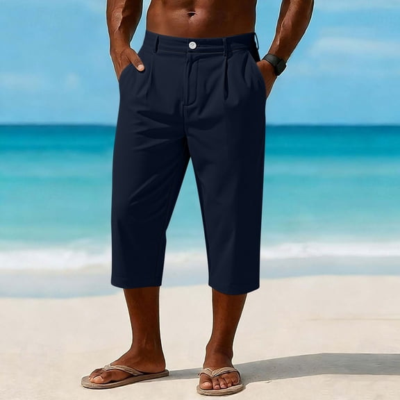 Mens Dress Capri Pants with Pockets Business Casual Straight Leg Trousers for Men Dressy Mid Waisted Cropped Pant Fathers Gifts