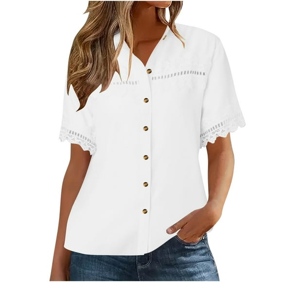 SROBPTY Womens Summer Shirts, Women's Summer Solid Color Shirt Soft Short Sleeved-neck Basic Blouse White, XL