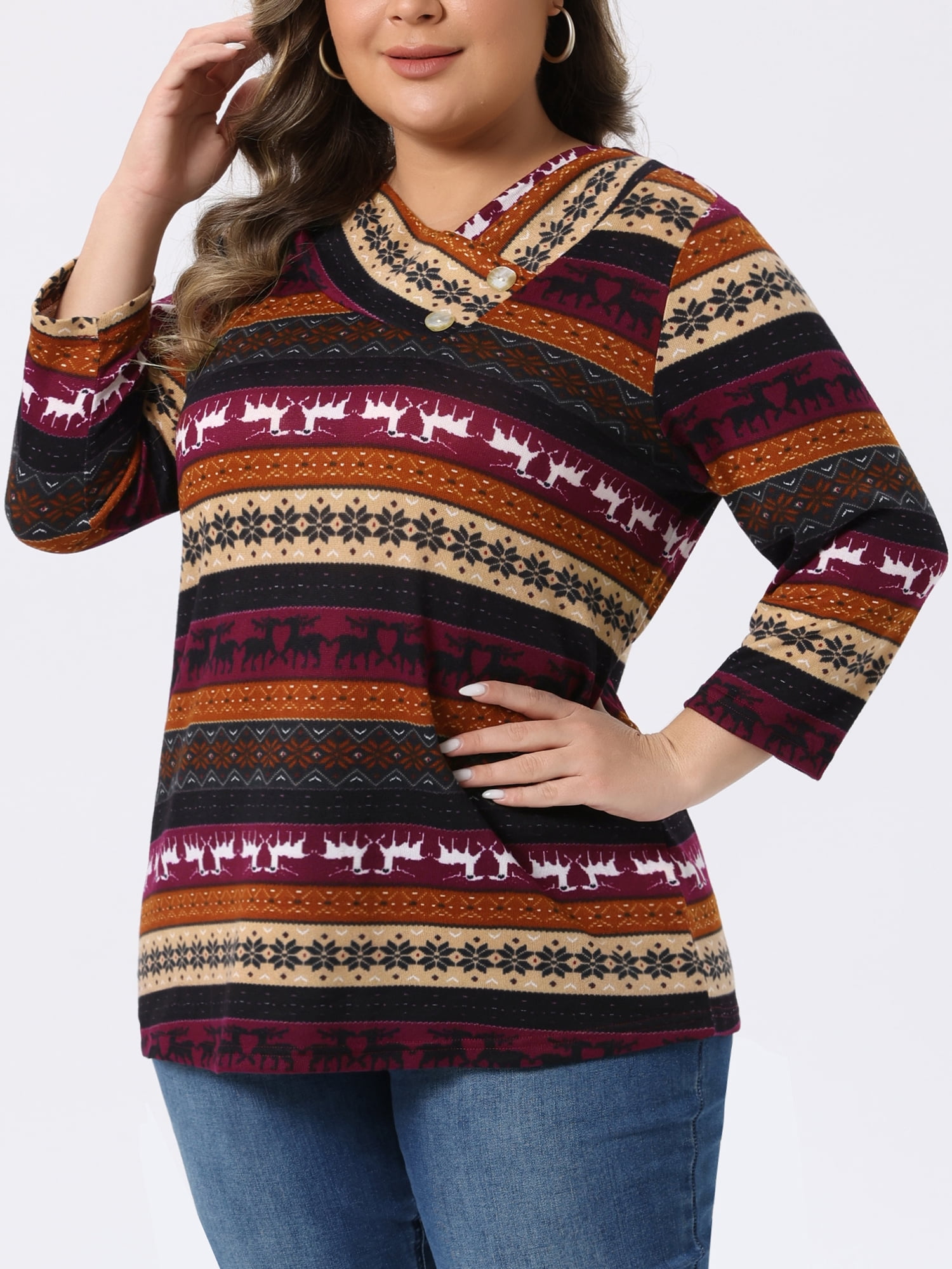 DARING DIVA Women's Plus Tunic Top V Neck Stripe Boho Knit Blouse 2X Burgundy Brown