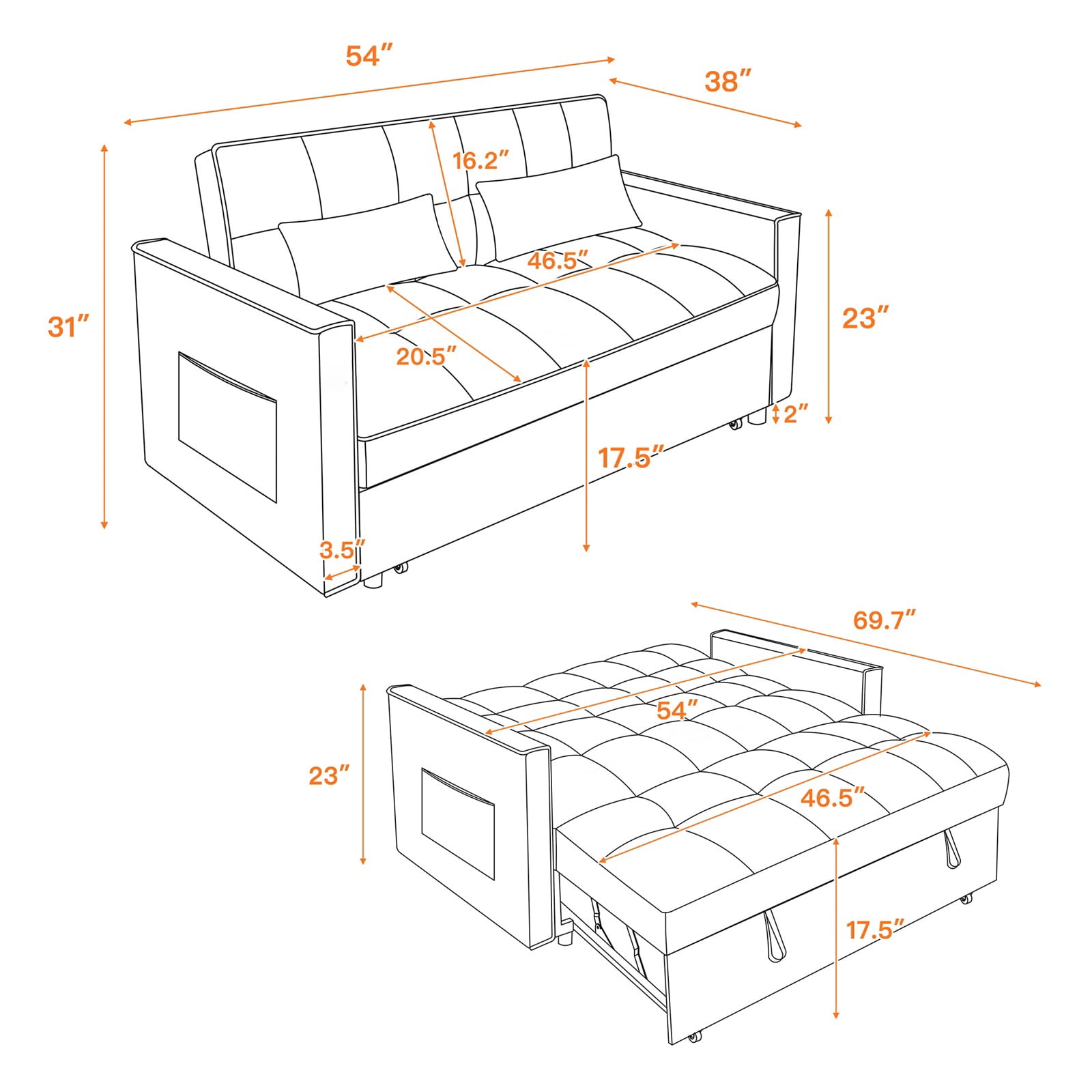 Hommoo Modern 3 in 1 Convertible Sleeper Sofa Bed, Pull Out Loveseat Couch Futon Sofa Bed with 3-Level Adjustable Back, Pink