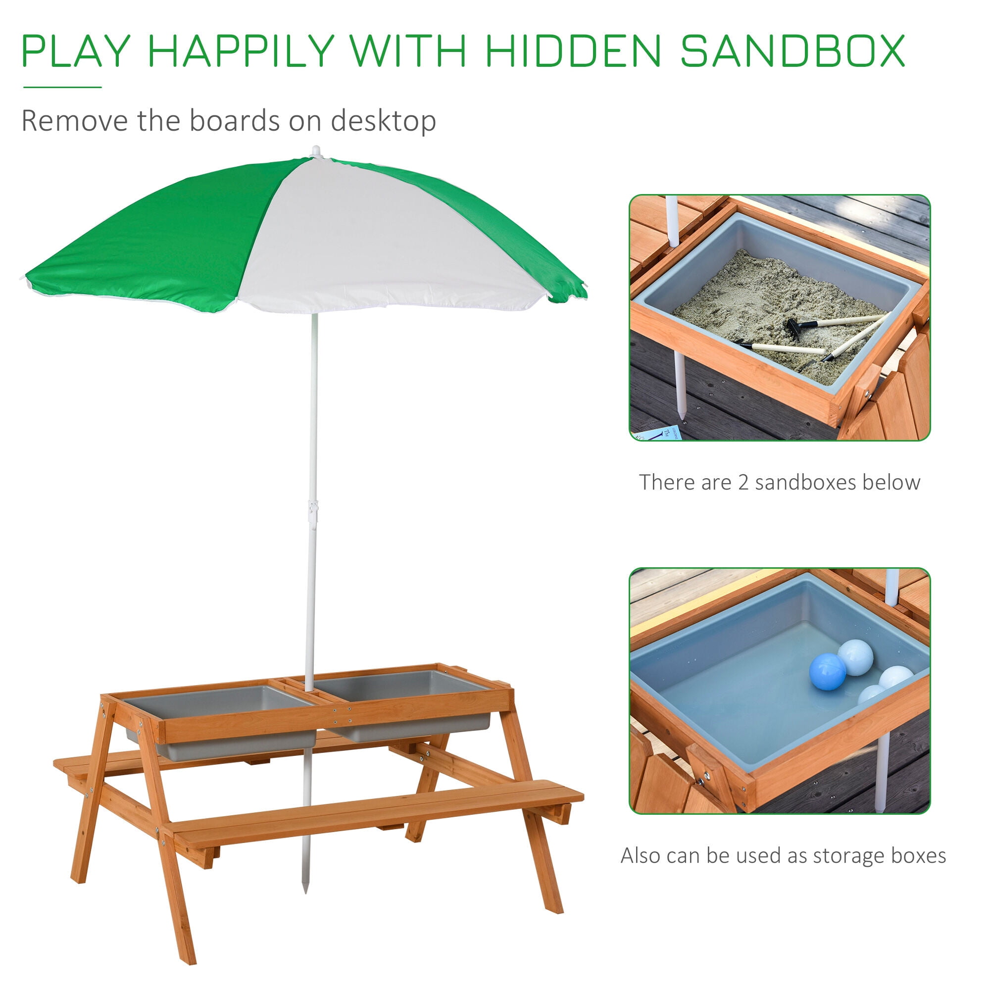 Kids Outdoor Toys, Kids Picnic Table with Umbrella and Storage Inside, Sand and Water Table, Kids Outdoor Furniture, Wooden Bench Backyard Furniture for Garden, Patio, or Balcony