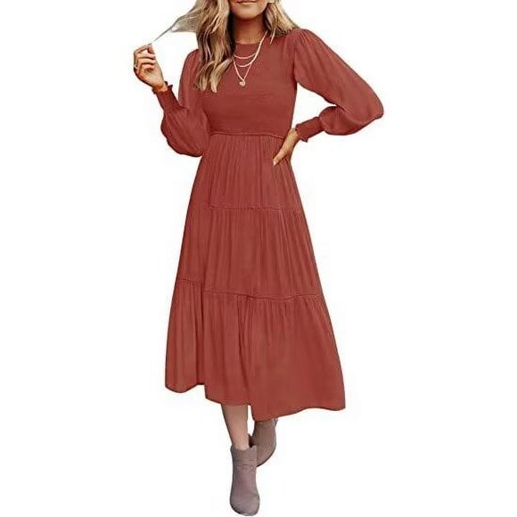 Cozyfort Homecoming Dresses Clearance Fall Dresses for Women 2024 Wedding Guest Dresses Maxi Dresses Long-Sleeve Pleated Tiered Maxi Dress Long Sleeve Dresses for Women