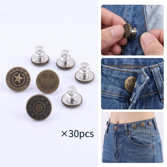ROSEXIXI ROSEXIXI 30Pcs No-Sew Jean Buttons, Detachable Waist Extender Pins, Reusable Metal Buttons for Jeans Pants