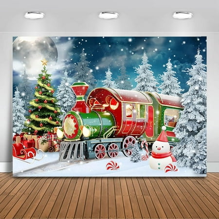 Image of Winter Christmas Cartoon Train Backdrop Snowy Night Christmas Pine Trees Xmas Party Decorations Photo Backdrops for Children Wonderland Xmas Party Photography Background (5x3ft)