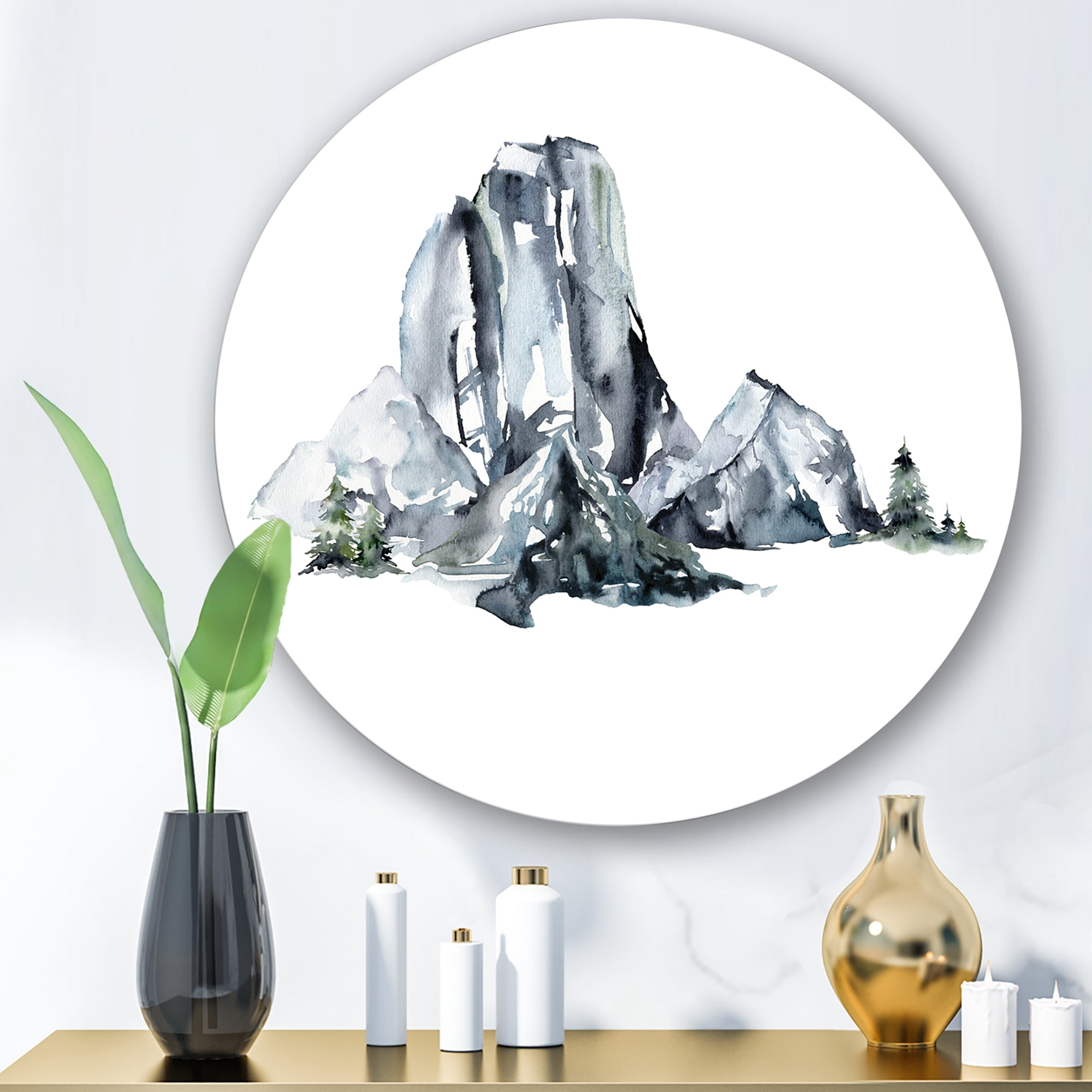 Designart 'Minimalistic Landscape of Forest and Mountains' Modern Circle Metal Wall Art 11x11 - Disc of 11