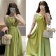 thumbnail image 3 of Vestido de manga abombada con decoración de perlas, cuello cuadrado, lazo en la cintura, elegante y dulce vestido de verano para mujer, 3 of 8