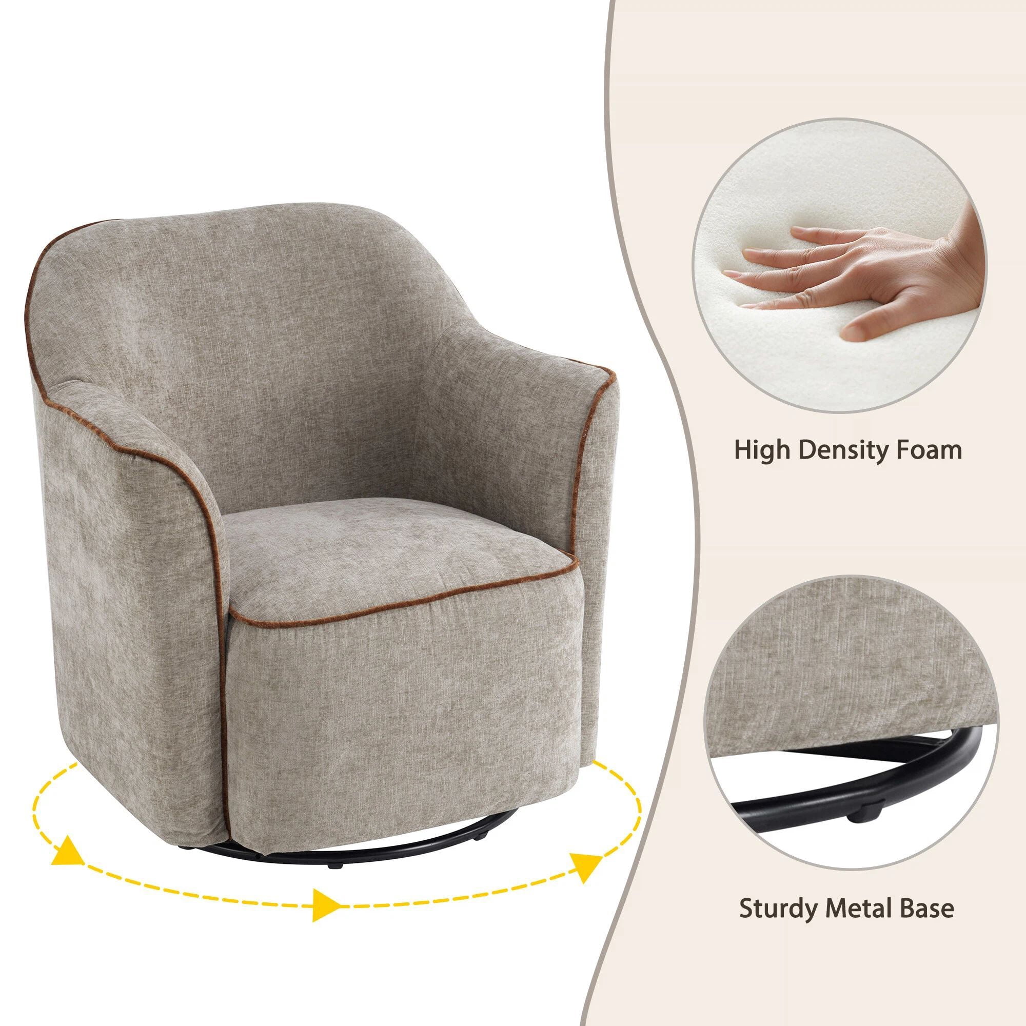 Euroco 360° Swivel Accent Chair, Chenille Upholstered Barrel Chair with Flared Arms, Modern Reading Armchair for Living Room, Bedroom and Office,Grey