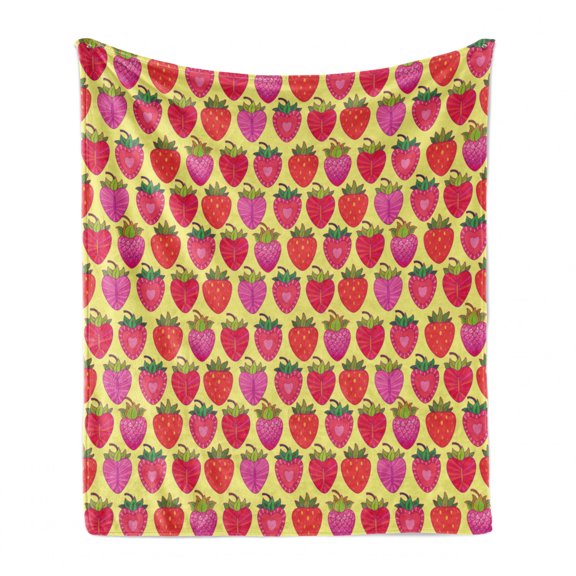 Strawberry Soft Flannel Fleece Throw Blanket, Raspberry and Strawberry Slices Motifs Ornamented with Geometric Shapes Theme, Cozy Plush for Indoor and Outdoor Use, 70" x 90", Multicolor, by Ambesonne