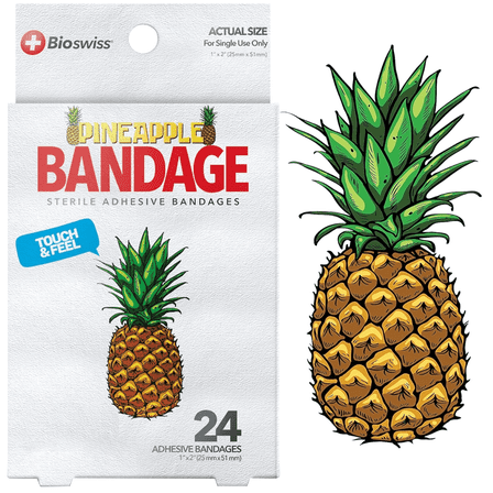 BioSwiss Bandages, Pineapple Shaped Self Adhesive Bandages, Latex Free Sterile Wound Care, Fun First Aid Kit Supplies for Kids and Adults, 24 Count
