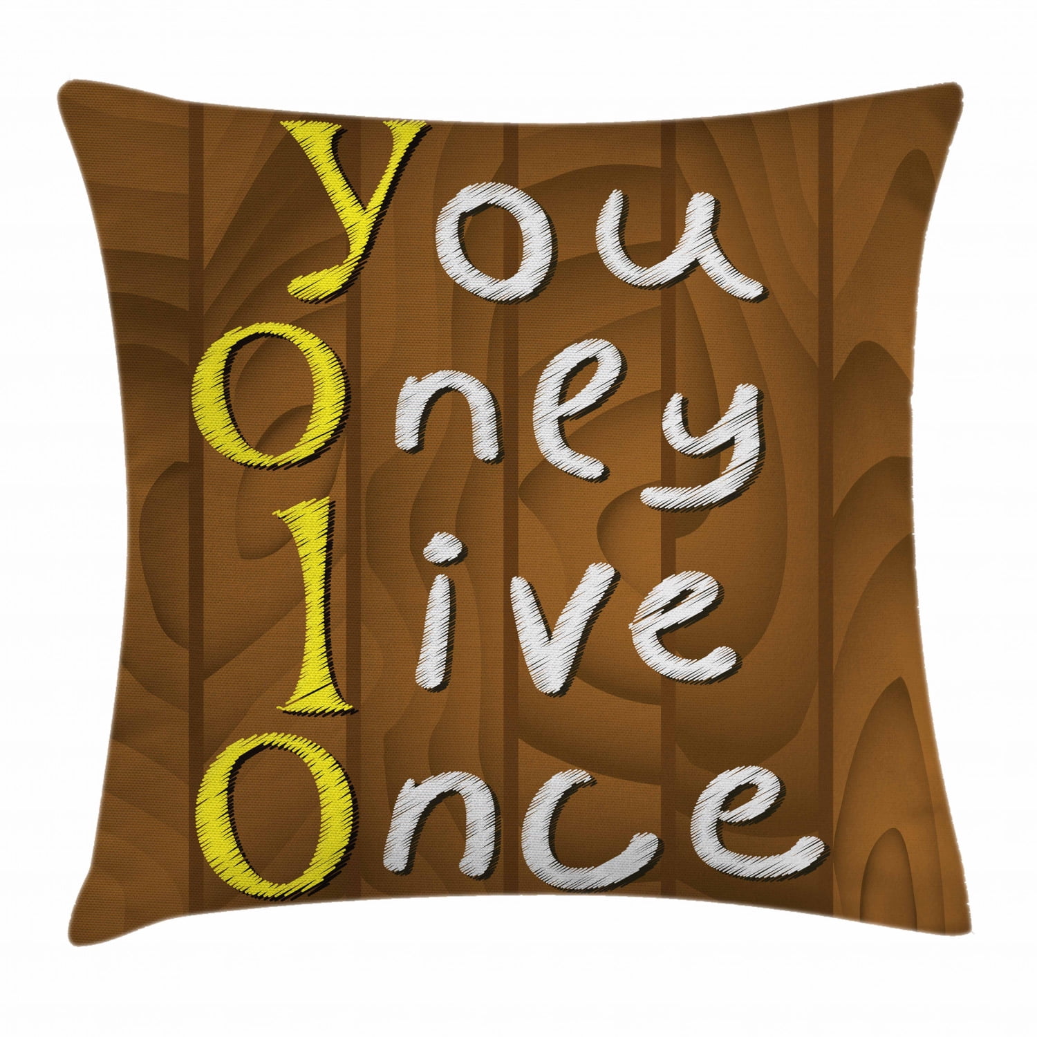 YOLO Throw Pillow Cushion Cover, Cartoon Style Wooden Rustic Background