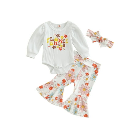 

Baby Girls Jumpsuits Set Letter Floral Print Romper and Pants Headband