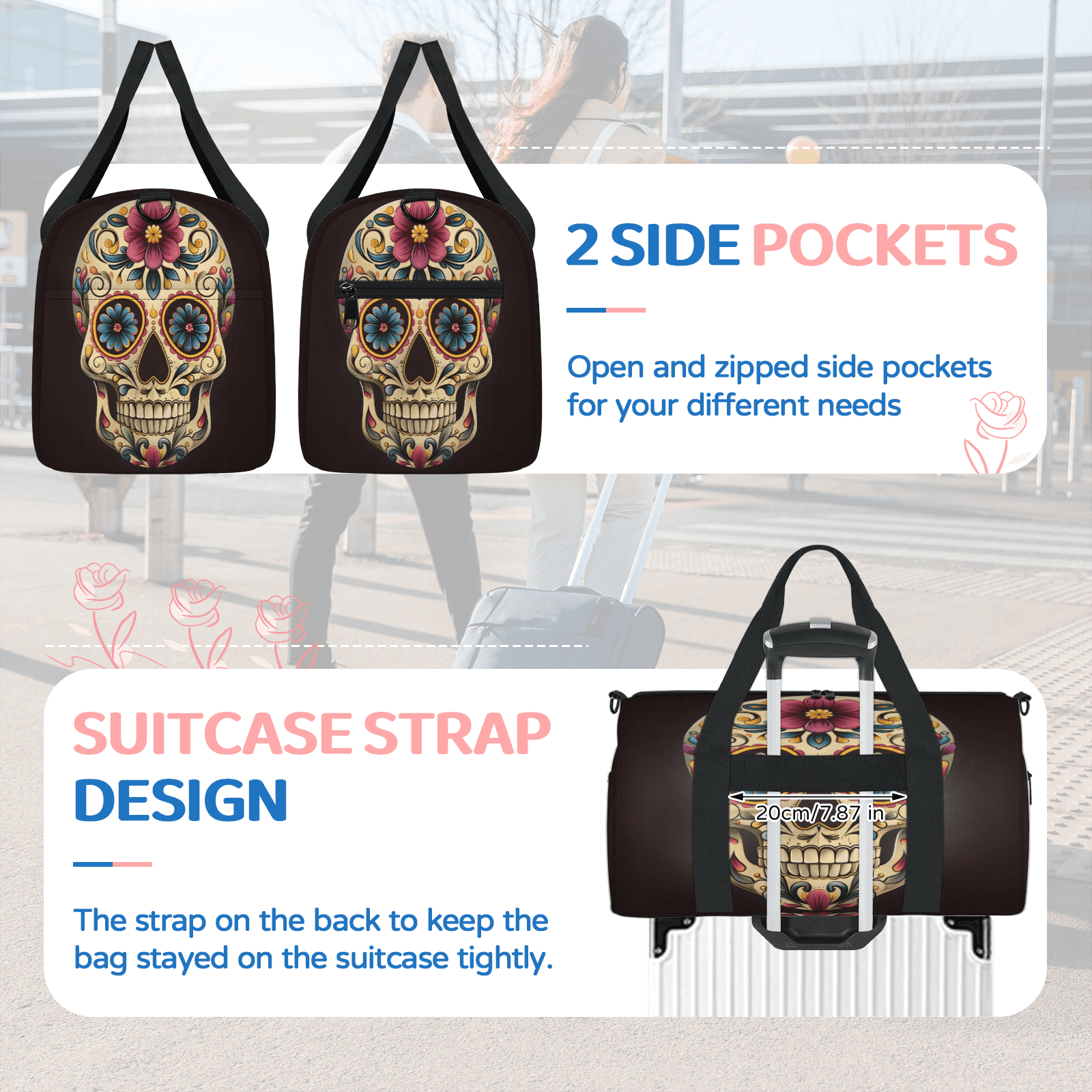 Herdesigns Day The Dead Skull Halloween Gym Bag for Women, Duffle Bag for Travel Sport, Lightweight Waterproof Carry on Weekender Overnight Dance Yoga Workout Bags