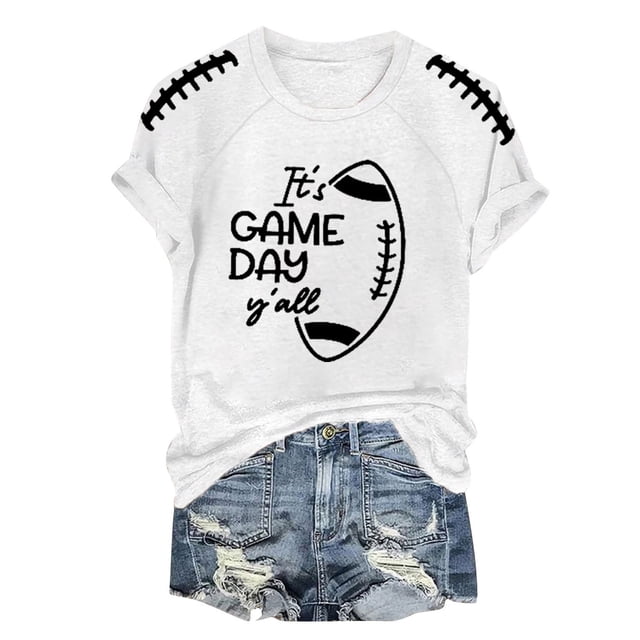 Hauts de Printemps pour Femmes Saison de Football Amusante Manches Courtes Col Rond T-Shirt Basique Surdimensionné pour Femmes Blanc S