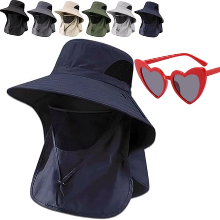 Breathable Fisherman Hat with Detachable Face Mask Sun Hat Neck Flap Wide Brim Bucket Hat for Men Hiking Fishing