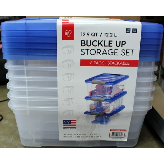 IRIS USA Adult Plastic 12.9 Quart Buckle Up Storage Bin, 6 Count
