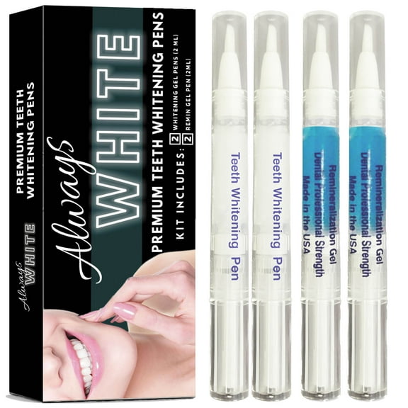 Always White Premium Teeth Whitening Pen Kit - 2 Whitening Gel Pens   2 Remineralization Gel Pens - Made in Usa