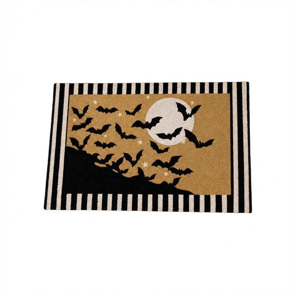 Dpityserensio Halloween Doormat Black Bat and Moon with Striped Border Non-Slip Washable Indoor Outdoor Rug, Vintage Fall Decor