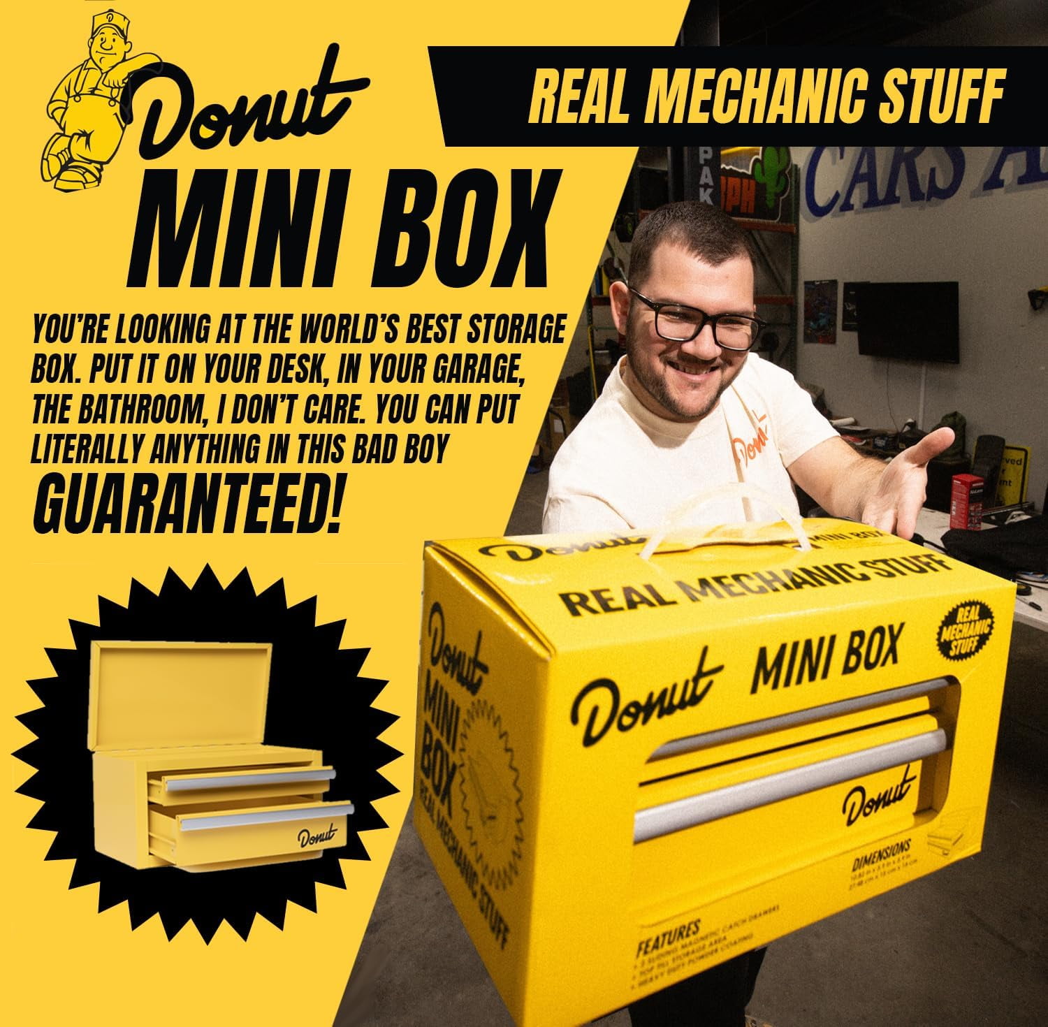 Donut Media Mini Portable Tool Box, 2 Sliding Magnetic Catch Drawers, Top Storage Area, 11" x 6" x 6"