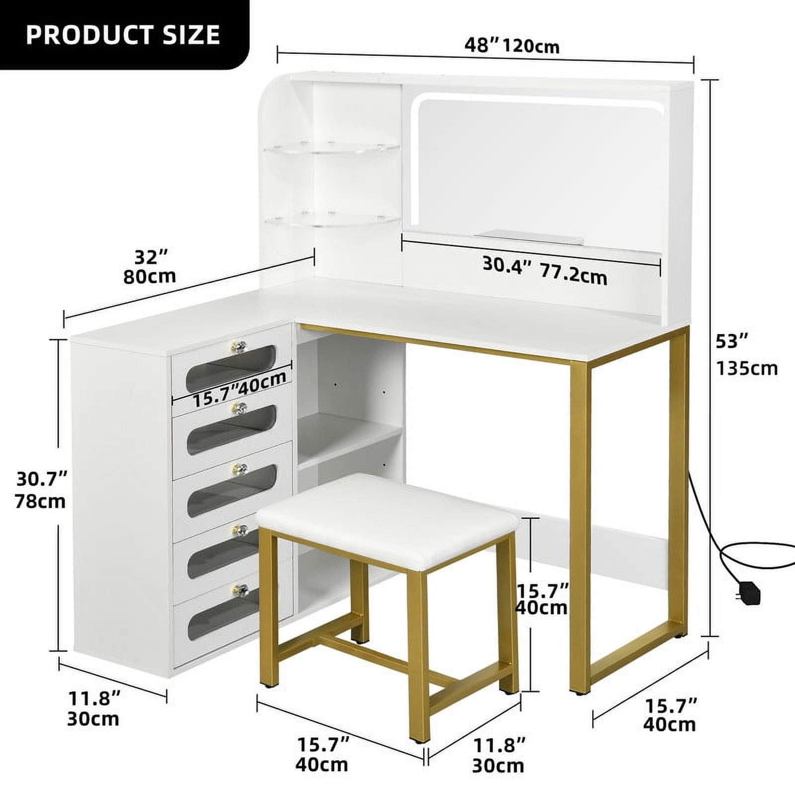 Uforic Makeup Vanity with Lighted Mirror, Modern Vanity Table Set with Stool, L Shaped Dressing Table with 5 Drawer for Bedroom, White