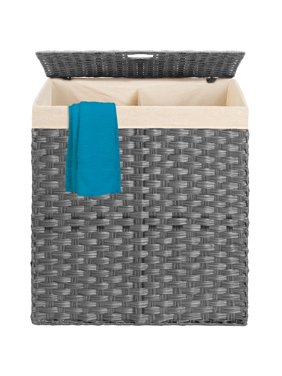 Best Choice Products Wicker Double Laundry Hamper, Divided Storage Basket w/ Linen Liner, Handles - Gray