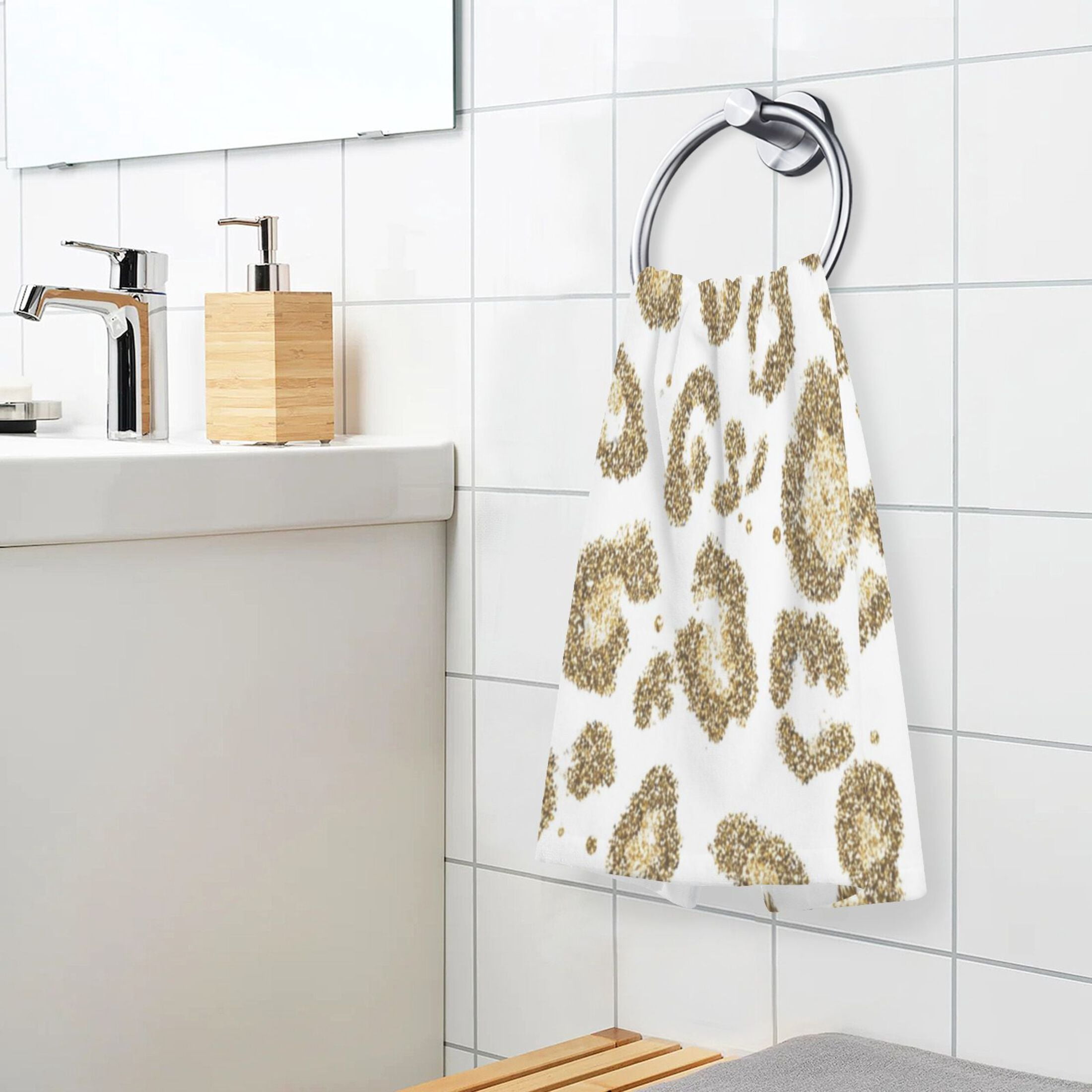 2 Pcs Hand Towels Sets Gold Leopard Print Pattern Cotton Towel Set Absorbent Face Towel for Bathroom Kitchen Shower Hotel Decor