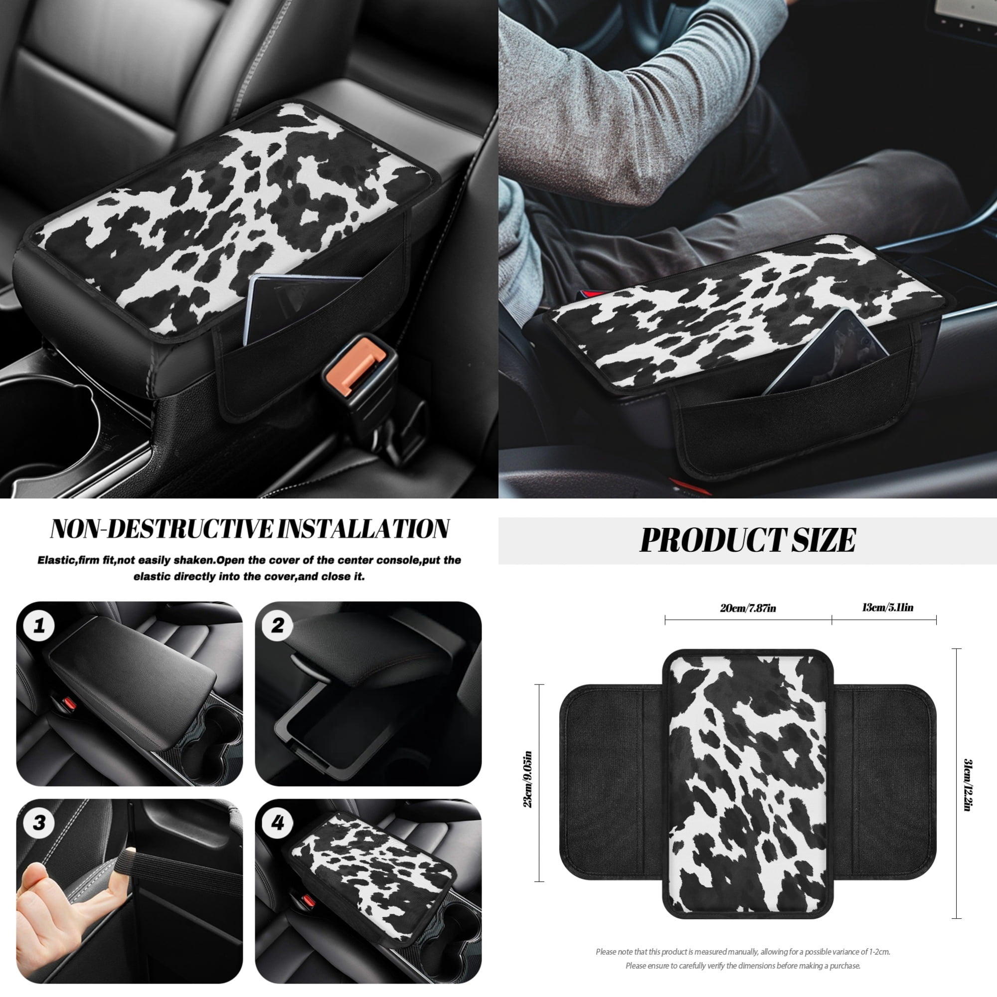 Renewold Black White Cow Print Car Seat Cover Full Set 14 PCS, with Steering Wheel Cover Seat Belt Pad Garbage Bin Armrest Pad Rearview Mirror Handbrake Cover Set Coaster Fit Most Vehicles