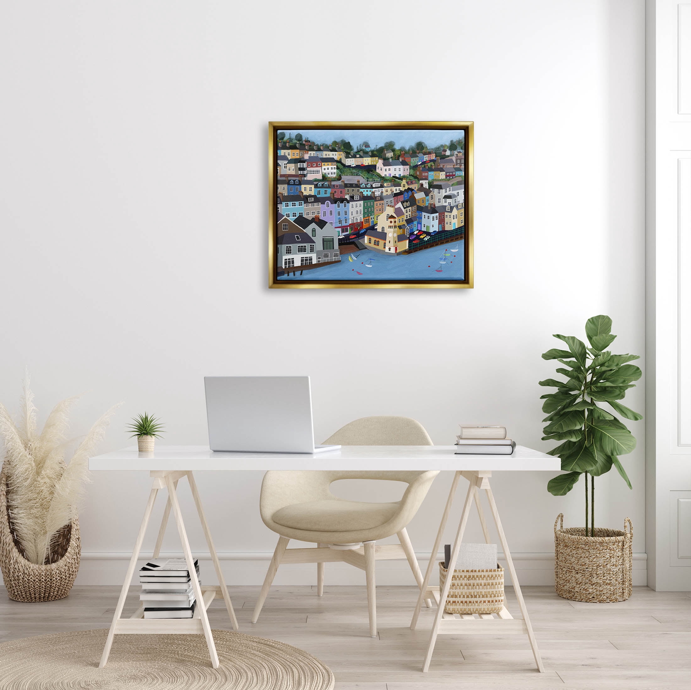 Stupell Industries Seaside City Neighborhood Streets Graphic Art Metallic Gold Floating Framed Canvas Print Wall Art, Design by Carla Daly