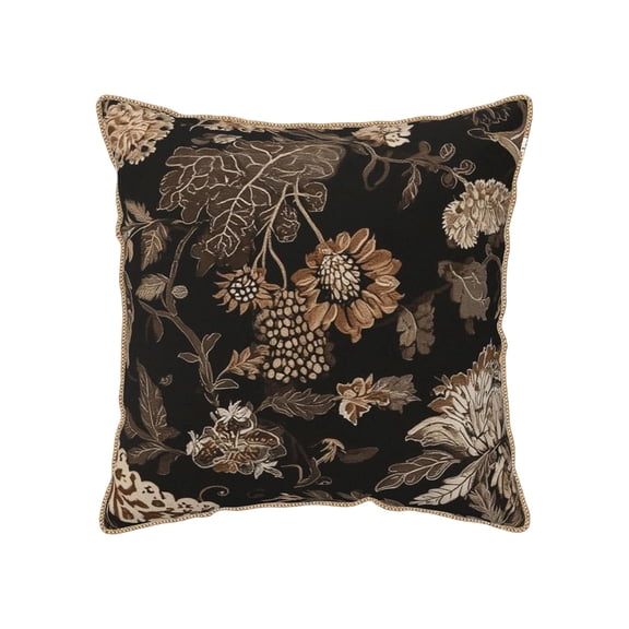 Black Floral Velvet Throw Pillow Cover 20x20 Inch, Brown Beige Botanical Decorative Cushion Case, Double-Sided Boho Accent Cover with Hidden Zipper for Sofa Couch Bed Bedroom Home Decor