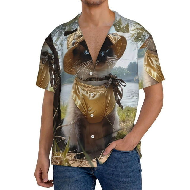 Xecao Cat In Sun Hat Pattern Men's Short-Sleeve Cuban Collar Button-Down Shirt with Chest Pocket Lightweight Tropical Vacation Shirt-Large