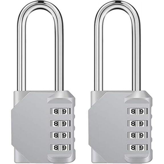 2 Pack Long Shackle Combination Lock for Locker - 4-Digit Password Resettable Code Padlock for Outdoor Hasp Cabinet Gate Fence Silver 2Pcs/Set